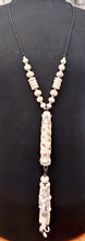 Load image into Gallery viewer, NECKLACE VERY LONG WITH HANDCARVIG ELEMENTS IN IVORY COLOUR - BLACK COTTON CORD - FROM NEPAL
