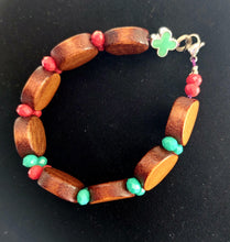 Load image into Gallery viewer, BRACELET FAUX WITH DISC WOODEN BEADS + TURQUOISE SMALTO CROSS AND MULTIFACETED CRYSTALS IN CORAL+TURQUOISE COLOURS
