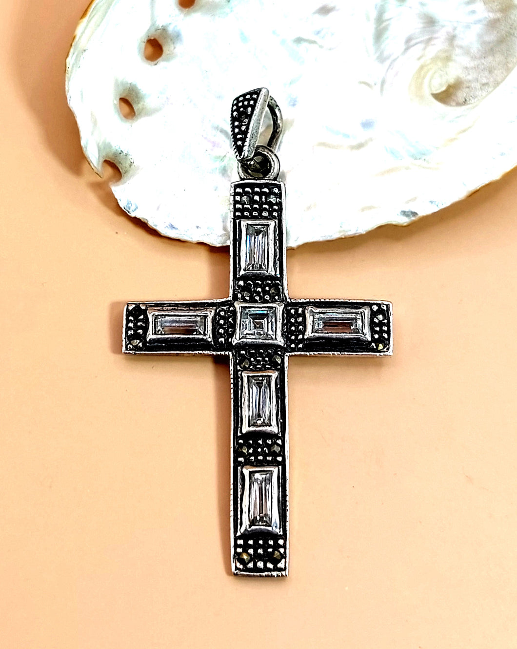 ANTIQUE SILVER 925⁰ CROSS WITH LITTLE MARCASITES AND 6 RECTANGULAR ZIRCONIA IN BYZANTINE STYLE