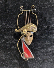 Load image into Gallery viewer, BRONZE BROOCH &quot;LYRA&quot; RED FUSING GLASS WITH BRONZE MASK ARTISTIC HANDMADE
