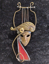 Load image into Gallery viewer, BRONZE BROOCH &quot;LYRA&quot; RED FUSING GLASS WITH BRONZE MASK ARTISTIC HANDMADE
