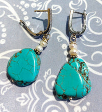 Load image into Gallery viewer, EARRINGS WITH TURQUOISE STONES + GENUINE PEARLS , WHITE-GOLD PLATED WITH STRASSES CLIPS
