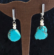 Load image into Gallery viewer, EARRINGS WITH TURQUOISE STONES + GENUINE PEARLS , WHITE-GOLD PLATED WITH STRASSES CLIPS
