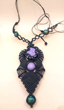 Load image into Gallery viewer, MACRAME NECKLACE BLACK SPECIAL WITH POLYESTERIC CLAY BEADS IN PURPLE-PINK COLOURS
