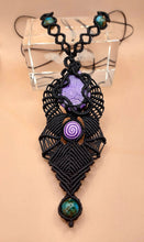 Load image into Gallery viewer, MACRAME NECKLACE BLACK SPECIAL WITH POLYESTERIC CLAY BEADS IN PURPLE-PINK COLOURS
