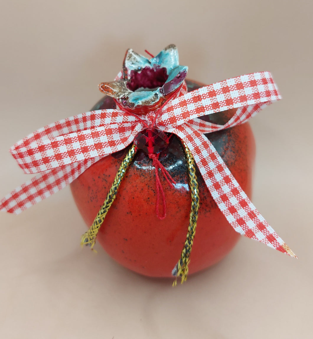 CERAMIC POMEGRANATE-SHAPED GLAZED IN RED AND GREEN HANDMADE