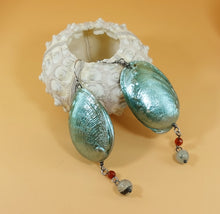 Load image into Gallery viewer, EARRINGS ABALONE SEA-SHELLS IN LIME-PEARL COLOUR, HANGING OPSIDIANE AND HONEY AGATE STONES
