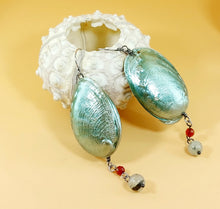 Load image into Gallery viewer, EARRINGS ABALONE SEA-SHELLS IN LIME-PEARL COLOUR, HANGING OPSIDIANE AND HONEY AGATE STONES
