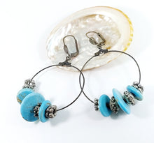 Load image into Gallery viewer, EARRINGS ANTIQUE BRONZE HANGING HOOPS WITH GENUINE TURQUOISE  HOWLITE DISCS AND SILVER-PLATED ELEMENTS
